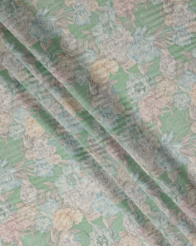 Mint Green Vintage Peony Floral Print Synthetic Crepe Fabric, 110 Cms Width, Made in India-D28301