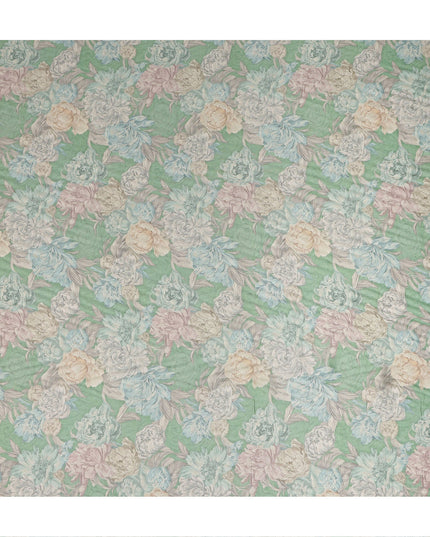 Mint Green Vintage Peony Floral Print Synthetic Crepe Fabric, 110 Cms Width, Made in India-D28301