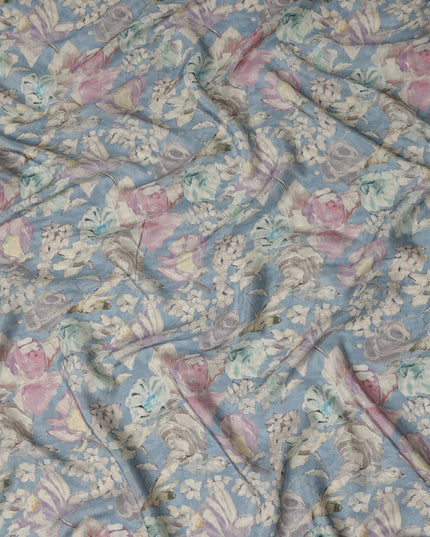Sky Blue Vintage Floral Botanical Print Synthetic Crepe Fabric, 110 Cms Width, Made in India-D28299