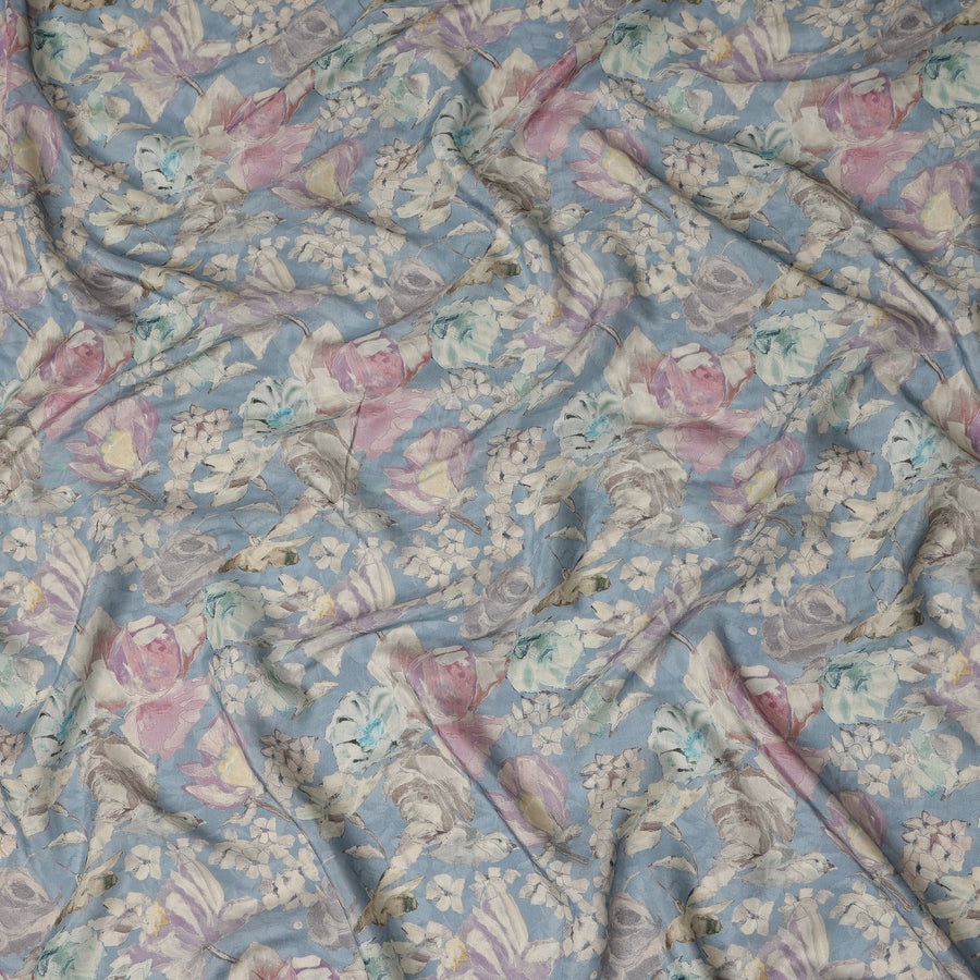 Sky Blue Vintage Floral Botanical Print Synthetic Crepe Fabric, 110 Cms Width, Made in India-D28299
