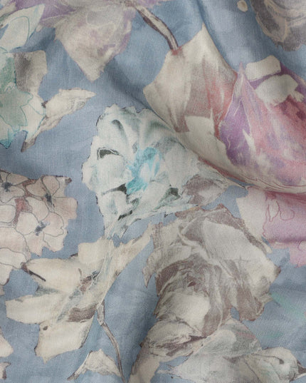 Sky Blue Vintage Floral Botanical Print Synthetic Crepe Fabric, 110 Cms Width, Made in India-D28299