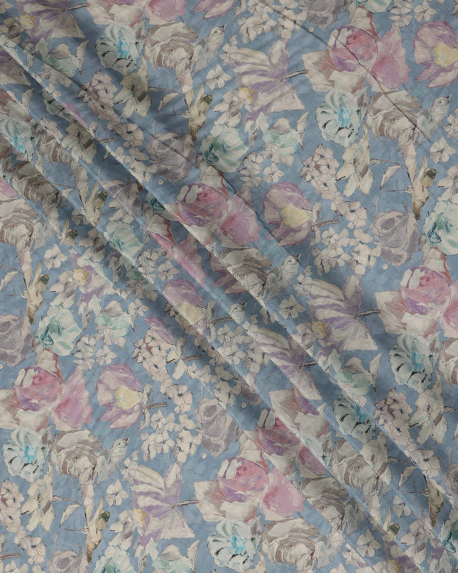 Sky Blue Vintage Floral Botanical Print Synthetic Crepe Fabric, 110 Cms Width, Made in India-D28299