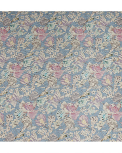 Sky Blue Vintage Floral Botanical Print Synthetic Crepe Fabric, 110 Cms Width, Made in India-D28299