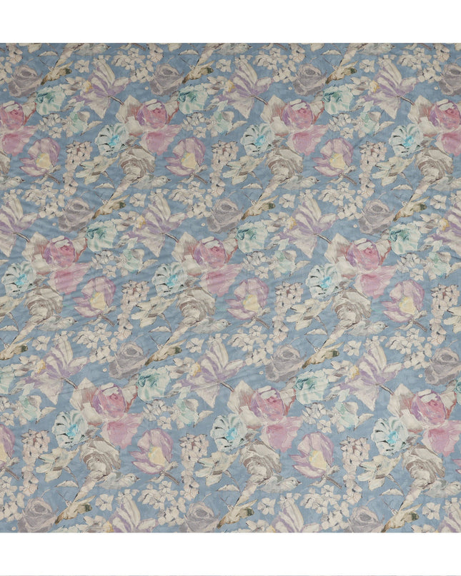 Sky Blue Vintage Floral Botanical Print Synthetic Crepe Fabric, 110 Cms Width, Made in India-D28299