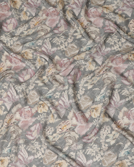 Grey Vintage Floral Botanical Print Synthetic Crepe Fabric, 110 Cms Width, Made in India-D28296