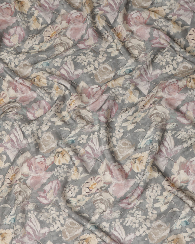 Grey Vintage Floral Botanical Print Synthetic Crepe Fabric, 110 Cms Width, Made in India-D28296