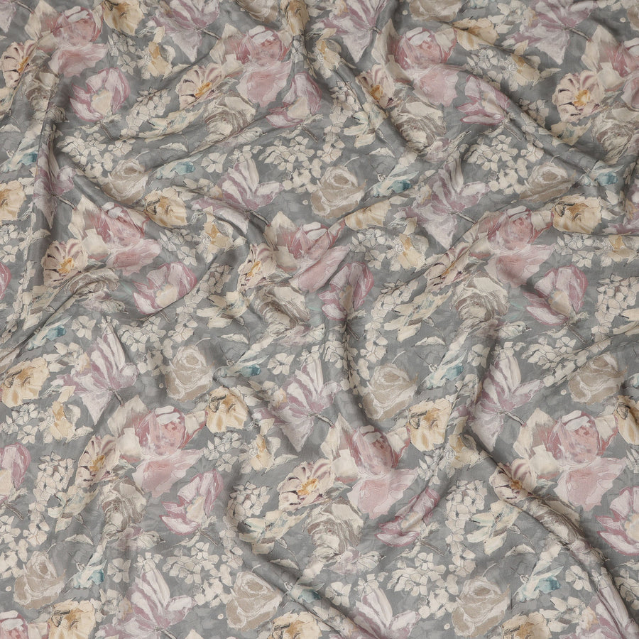 Grey Vintage Floral Botanical Print Synthetic Crepe Fabric, 110 Cms Width, Made in India-D28296