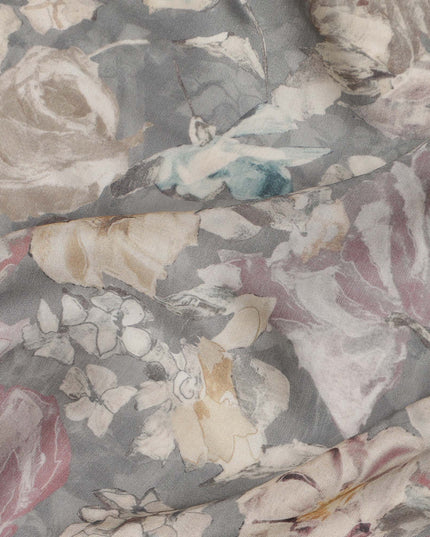Grey Vintage Floral Botanical Print Synthetic Crepe Fabric, 110 Cms Width, Made in India-D28296