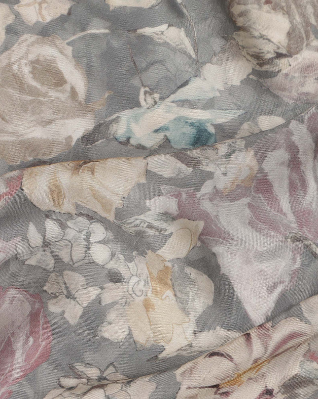 Grey Vintage Floral Botanical Print Synthetic Crepe Fabric, 110 Cms Width, Made in India-D28296