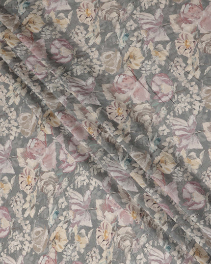 Grey Vintage Floral Botanical Print Synthetic Crepe Fabric, 110 Cms Width, Made in India-D28296
