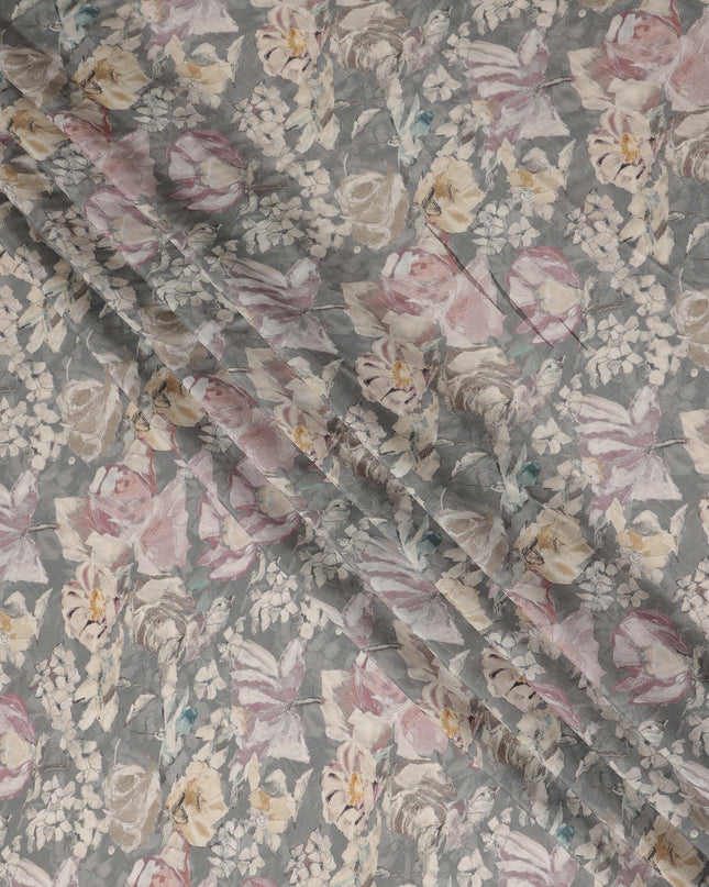 Grey Vintage Floral Botanical Print Synthetic Crepe Fabric, 110 Cms Width, Made in India-D28296