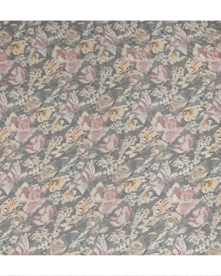 Grey Vintage Floral Botanical Print Synthetic Crepe Fabric, 110 Cms Width, Made in India-D28296