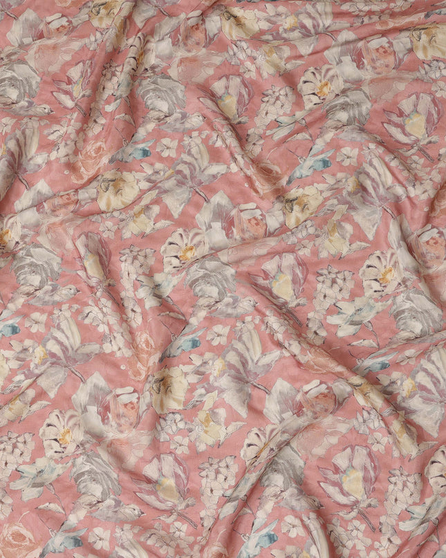 Coral Pink Vintage Floral Print Synthetic Crepe Fabric, 110 Cms Width, Made in India-D28294