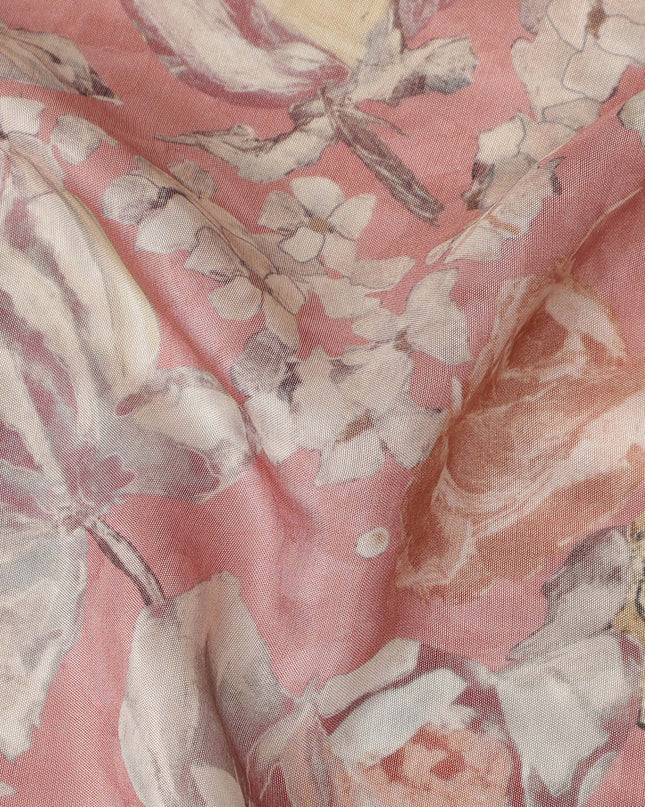 Coral Pink Vintage Floral Print Synthetic Crepe Fabric, 110 Cms Width, Made in India-D28294