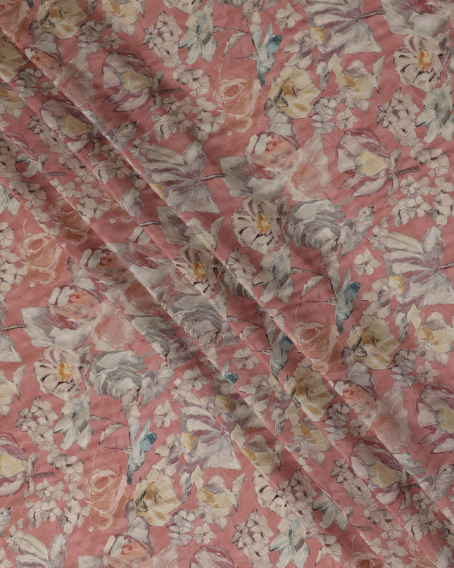Coral Pink Vintage Floral Print Synthetic Crepe Fabric, 110 Cms Width, Made in India-D28294