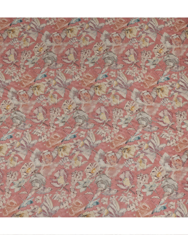 Coral Pink Vintage Floral Print Synthetic Crepe Fabric, 110 Cms Width, Made in India-D28294