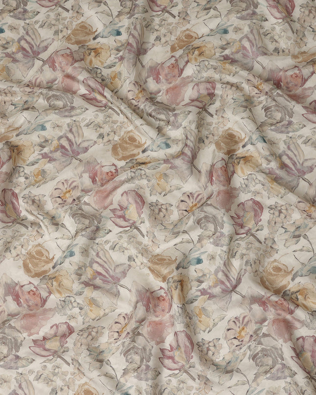 Ivory Multicolor Vintage Botanical Floral Print Synthetic Crepe Fabric, 110 Cms Width, Made in India-D28308