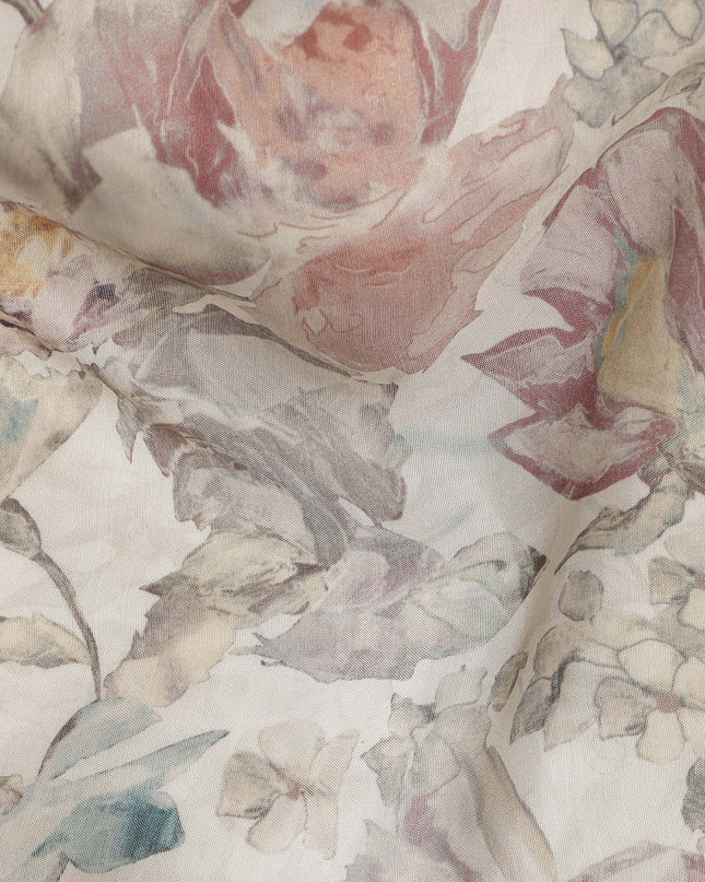 Ivory Multicolor Vintage Botanical Floral Print Synthetic Crepe Fabric, 110 Cms Width, Made in India-D28308