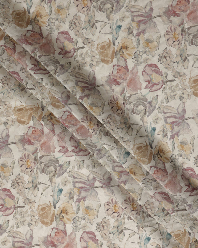 Ivory Multicolor Vintage Botanical Floral Print Synthetic Crepe Fabric, 110 Cms Width, Made in India-D28308