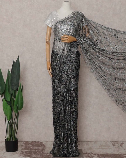 Charcoal Silver Floral French Chantilly Lace Saree