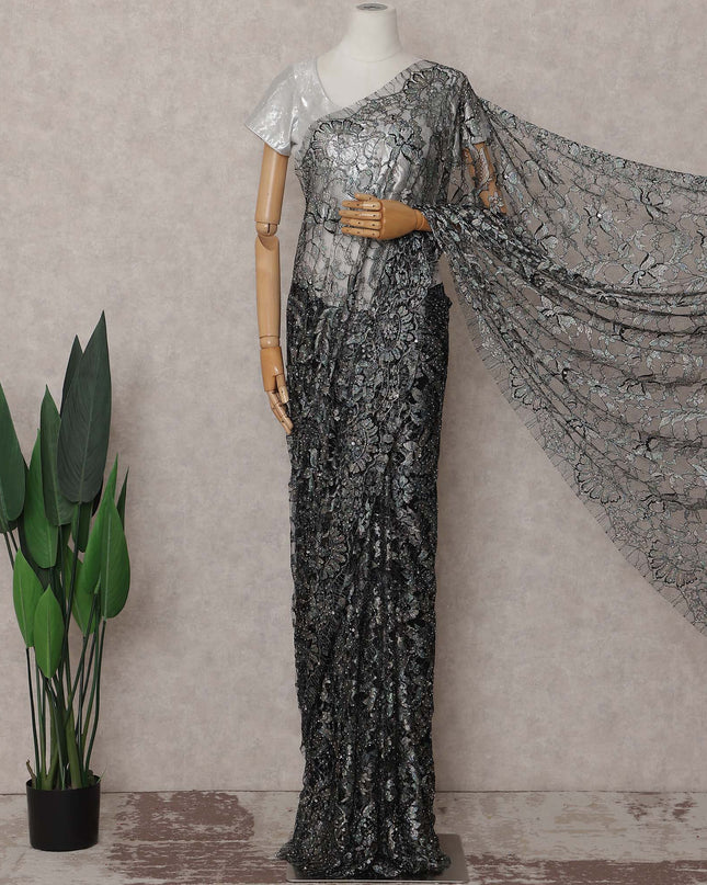 Charcoal Silver Floral French Chantilly Lace Saree
