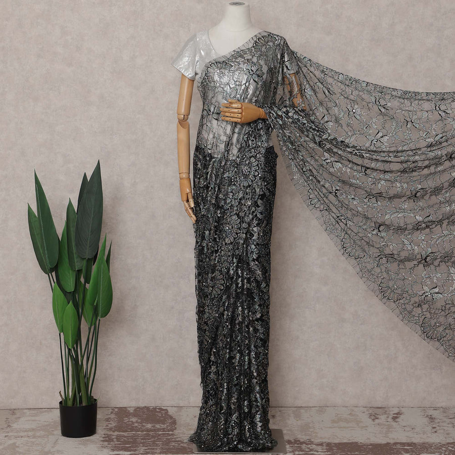 Charcoal Silver Floral French Chantilly Lace Saree