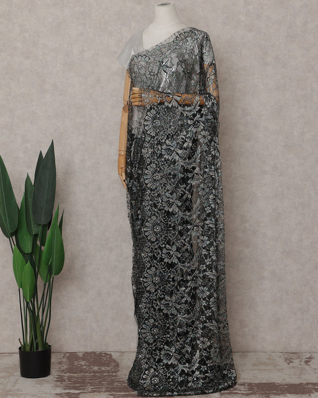 Charcoal Silver Floral French Chantilly Lace Saree