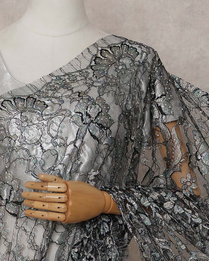 Charcoal Silver Floral French Chantilly Lace Saree