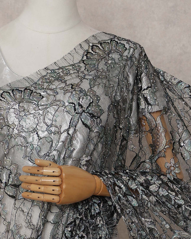 Charcoal Silver Floral French Chantilly Lace Saree