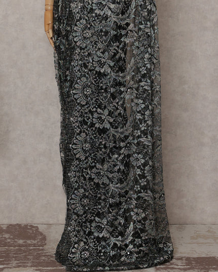 Charcoal Silver Floral French Chantilly Lace Saree