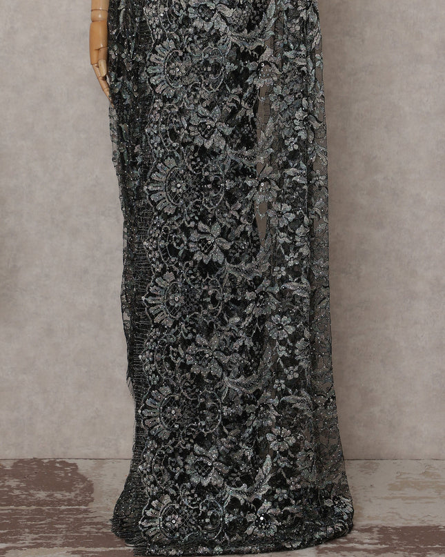 Charcoal Silver Floral French Chantilly Lace Saree