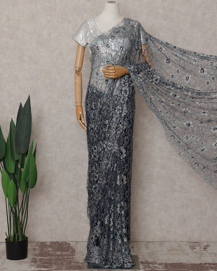 Silver Grey Floral French Chantilly Lace Saree