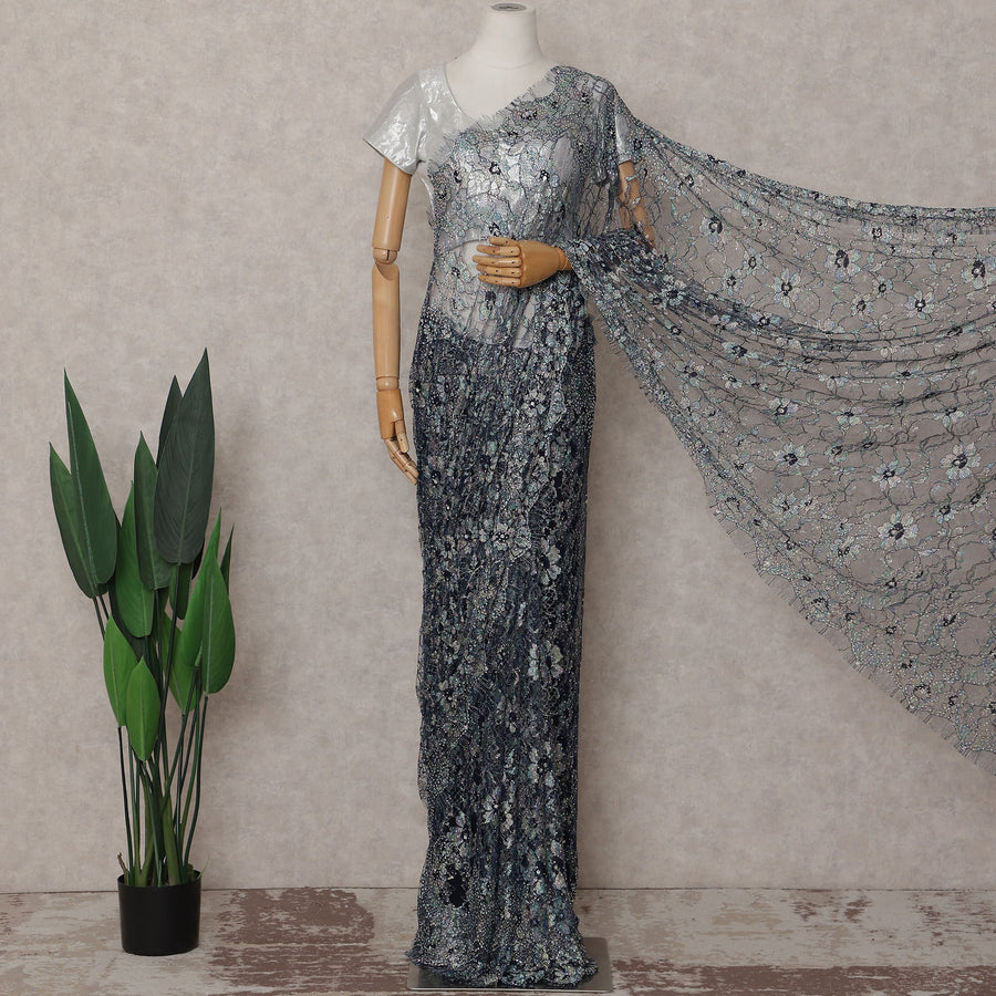 Silver Grey Floral French Chantilly Lace Saree