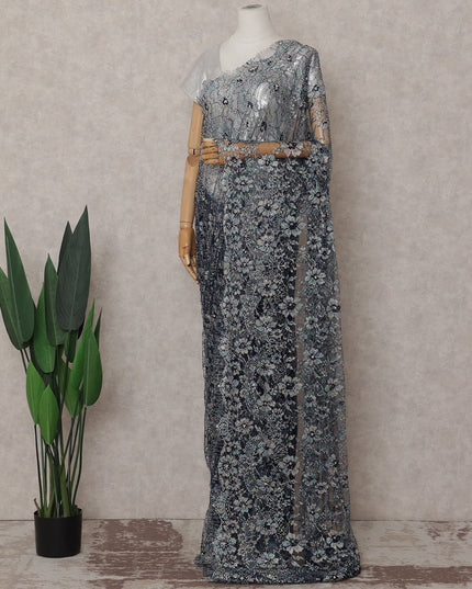 Silver Grey Floral French Chantilly Lace Saree