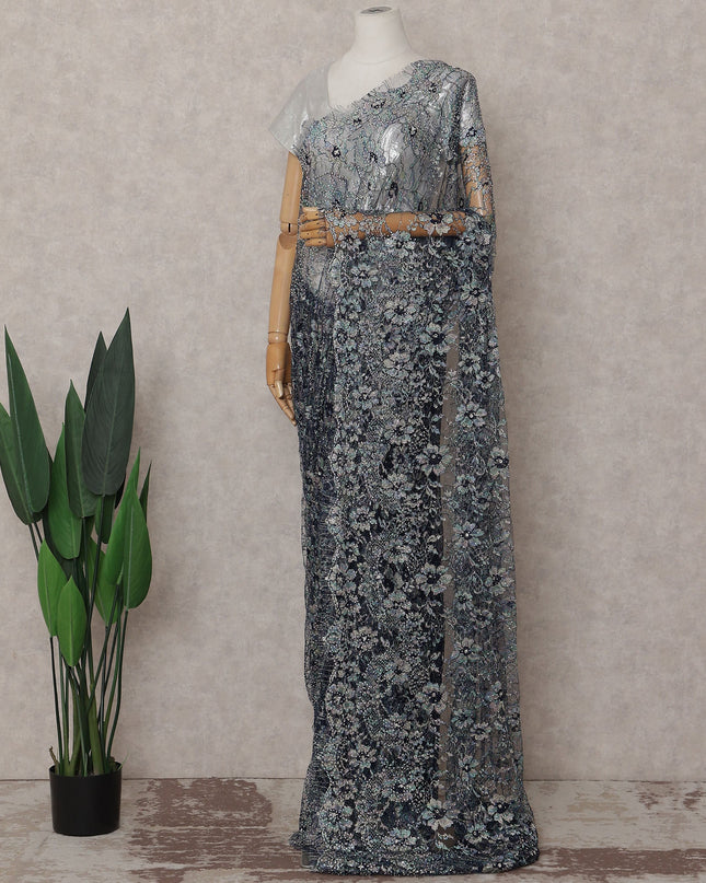 Silver Grey Floral French Chantilly Lace Saree