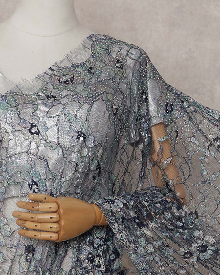 Silver Grey Floral French Chantilly Lace Saree