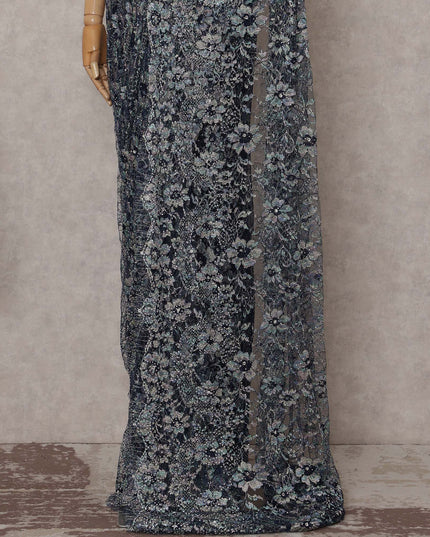 Silver Grey Floral French Chantilly Lace Saree