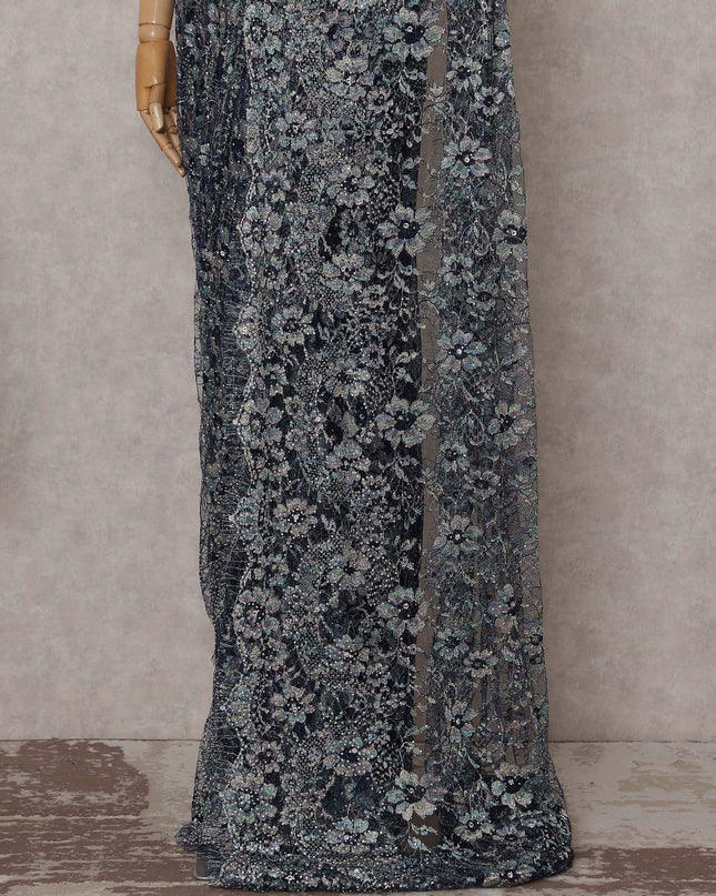 Silver Grey Floral French Chantilly Lace Saree