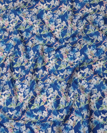 Royal Blue Floral Printed Cotton Satin Fabric 110 Cms Width Soft Smooth Lustrous Dress Material India-D27954 Regal Fabrics