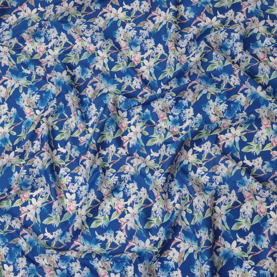 Royal Blue Floral Printed Cotton Satin Fabric 110 Cms Width Soft Smooth Lustrous Dress Material India-D27954 Regal Fabrics