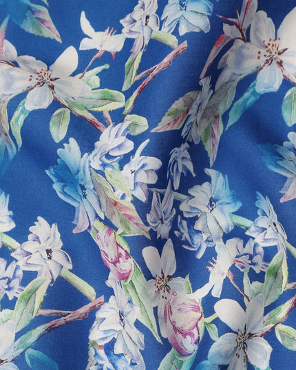 Royal Blue Floral Printed Cotton Satin Fabric 110 Cms Width Soft Smooth Lustrous Dress Material India-D27954 Regal Fabrics