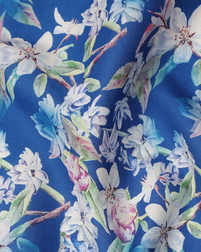 Royal Blue Floral Printed Cotton Satin Fabric 110 Cms Width Soft Smooth Lustrous Dress Material India-D27954 Regal Fabrics