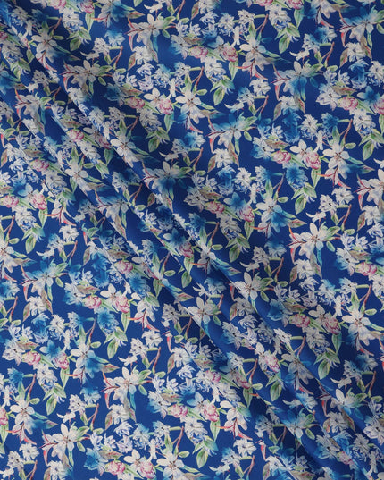 Royal Blue Floral Printed Cotton Satin Fabric 110 Cms Width Soft Smooth Lustrous Dress Material India-D27954 Regal Fabrics