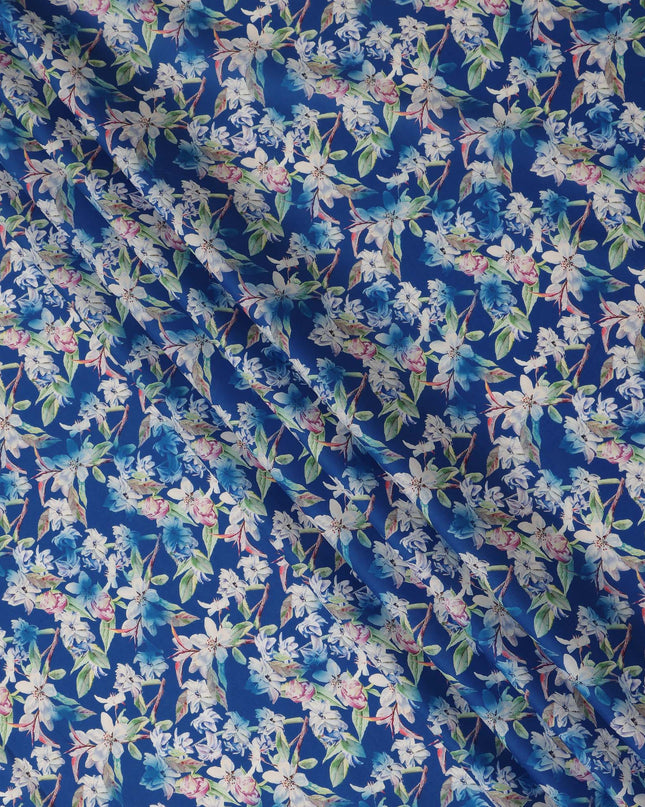 Royal Blue Floral Printed Cotton Satin Fabric 110 Cms Width Soft Smooth Lustrous Dress Material India-D27954 Regal Fabrics