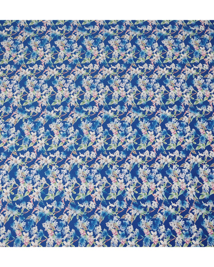 Royal Blue Floral Printed Cotton Satin Fabric 110 Cms Width Soft Smooth Lustrous Dress Material India-D27954 Regal Fabrics