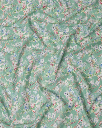 Mint Green Floral Printed Cotton Satin Fabric 110 Cms Width Soft Smooth Lustrous Dress Material India-D27962 Regal Fabrics
