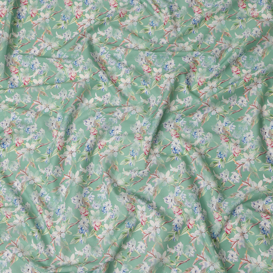 Mint Green Floral Printed Cotton Satin Fabric 110 Cms Width Soft Smooth Lustrous Dress Material India-D27962 Regal Fabrics