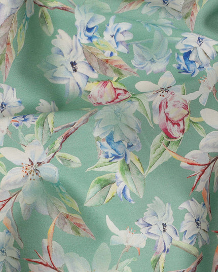Mint Green Floral Printed Cotton Satin Fabric 110 Cms Width Soft Smooth Lustrous Dress Material India-D27962 Regal Fabrics