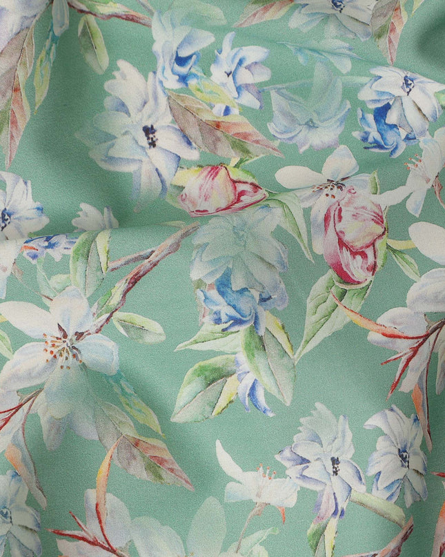 Mint Green Floral Printed Cotton Satin Fabric 110 Cms Width Soft Smooth Lustrous Dress Material India-D27962 Regal Fabrics