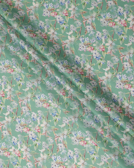 Mint Green Floral Printed Cotton Satin Fabric 110 Cms Width Soft Smooth Lustrous Dress Material India-D27962 Regal Fabrics
